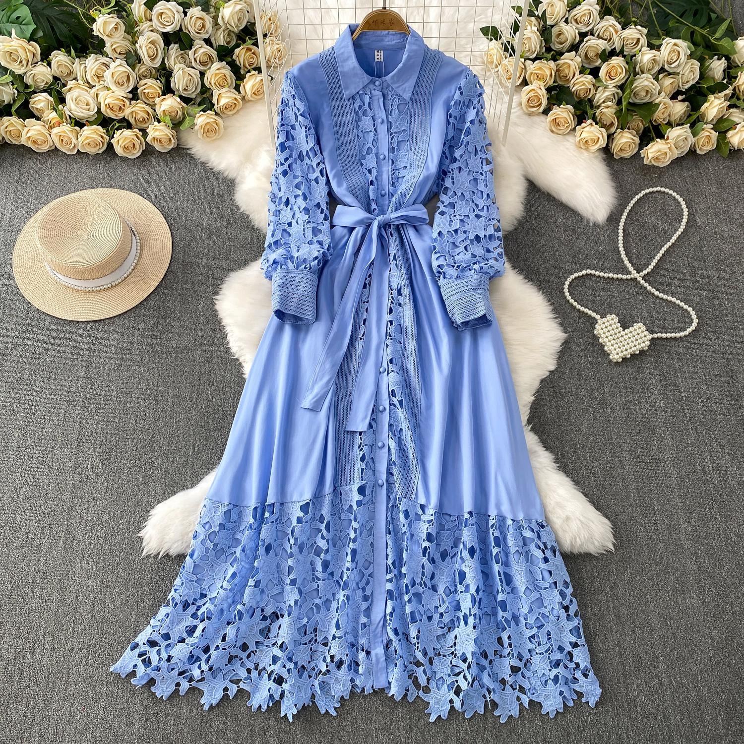 

Французский шик Однобортное кружевное приталенное платье феи Летние пляжные платья с акцентом на талии Женская одежда One Size синий