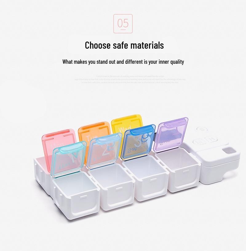 Square Plastic Pill Box with Timer - 7 Compartment Weekly Organizer & Electronic Reminder, Portable Dispenser