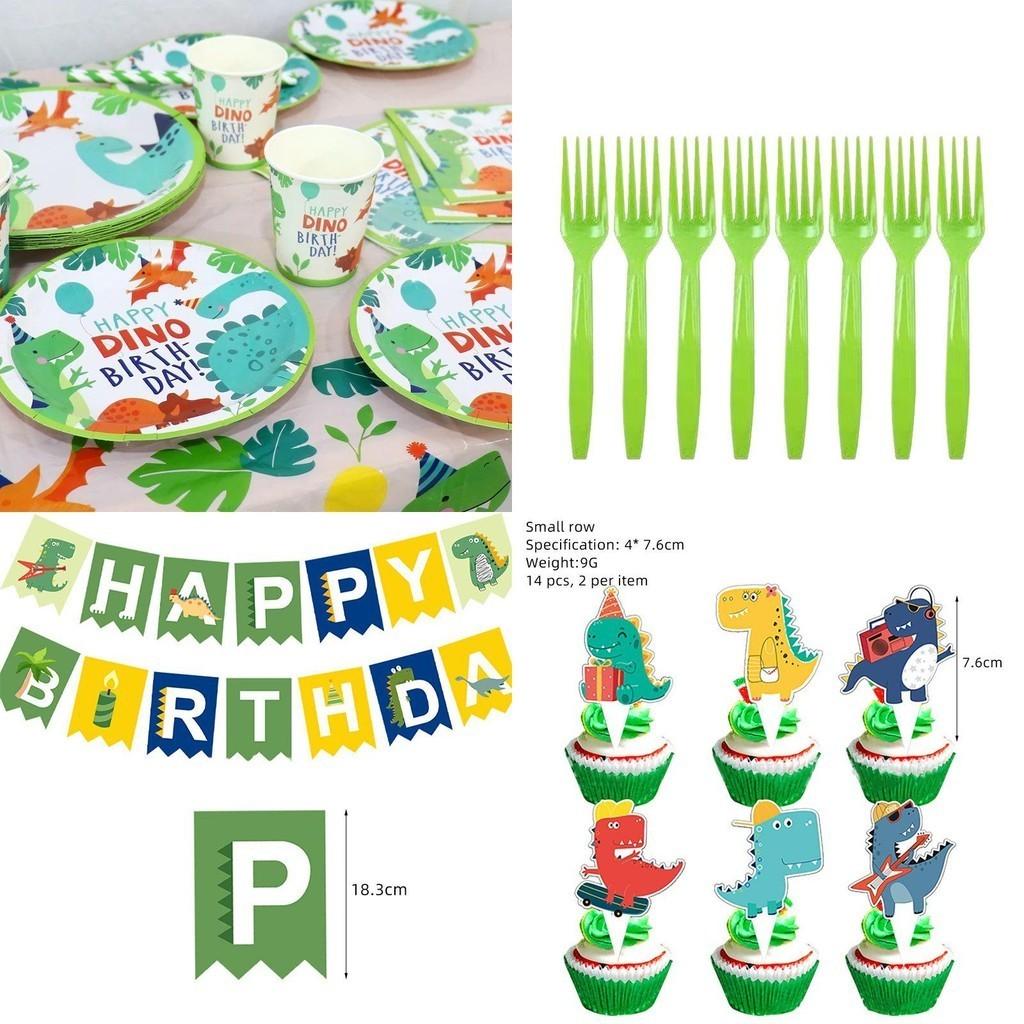 Colorful Cartoon Dinosaur Party Birthday Supplies Tableware Plates Cups Banner Set