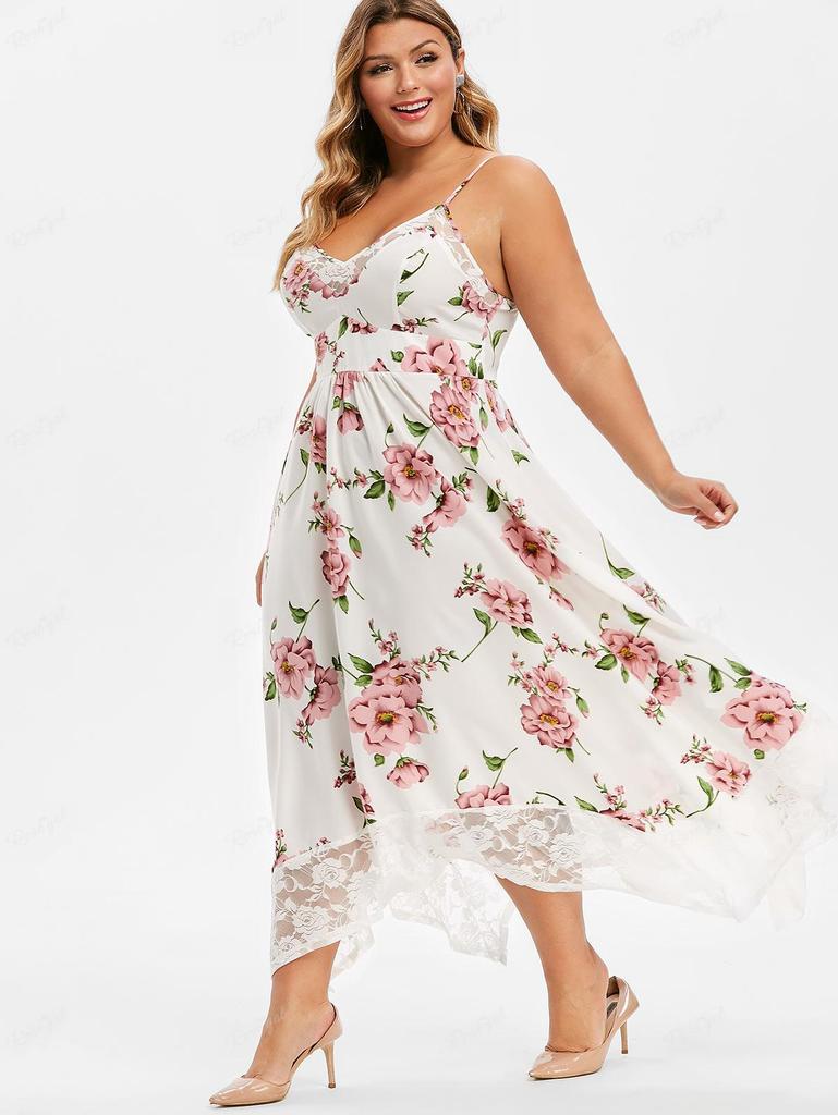 Rosegal Plus Size Flower Print Blonde Panel Asymmetrisk Kjole