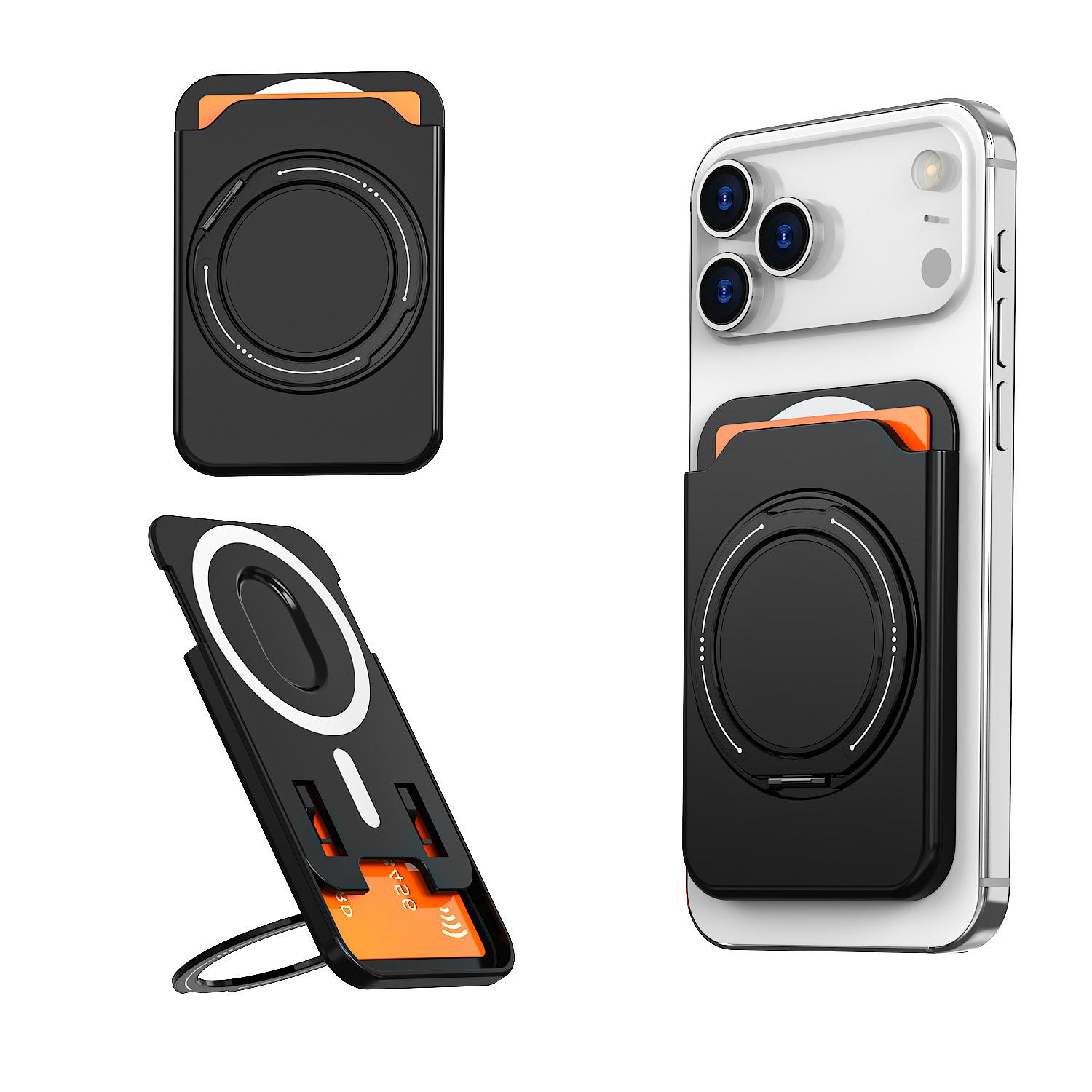 Universal Magnetic Card Holder with Ring Stand, 360° Rotating Kickstand Phone Card Slots чёрный