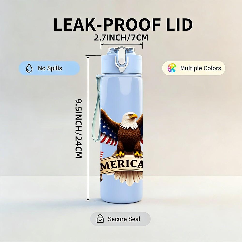 1PC Bald Eagle American Flag Patriotic Print 750ml Color Plastic Sports Water Bottle Leakproof Flip Straw Lid Suitable for Sports Office Home Use