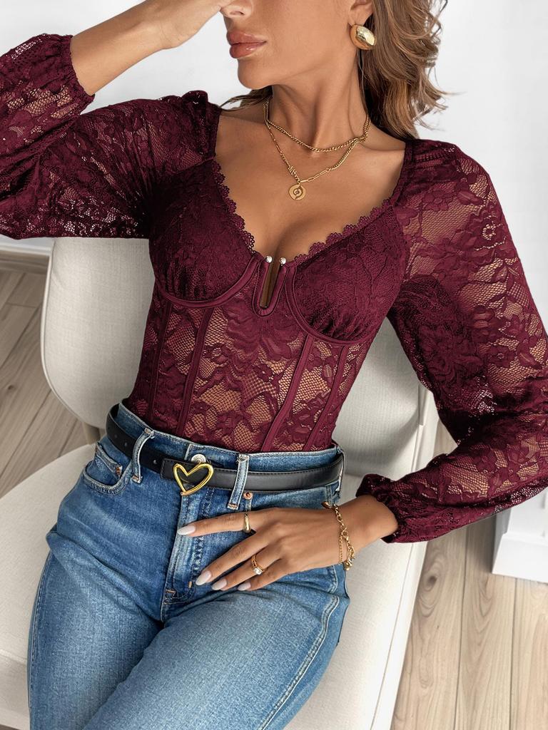2026 European & American V-Neck Lace Sexy Bodysuit for Women