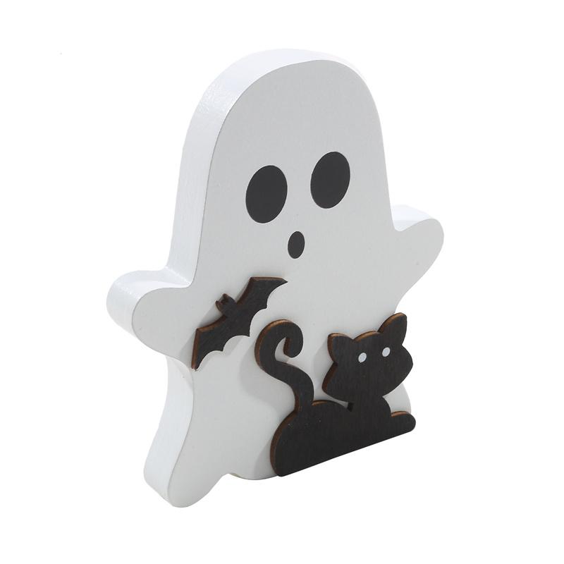 Niedliche Geister-Halloween-Dekoration für den Innenbereich, gruselige Deko, Holztablett-Dekor, Tischschild, schwarzer Katzenbesen, Kürbisblöcke für Partys, Zuhause, Regaldisplay