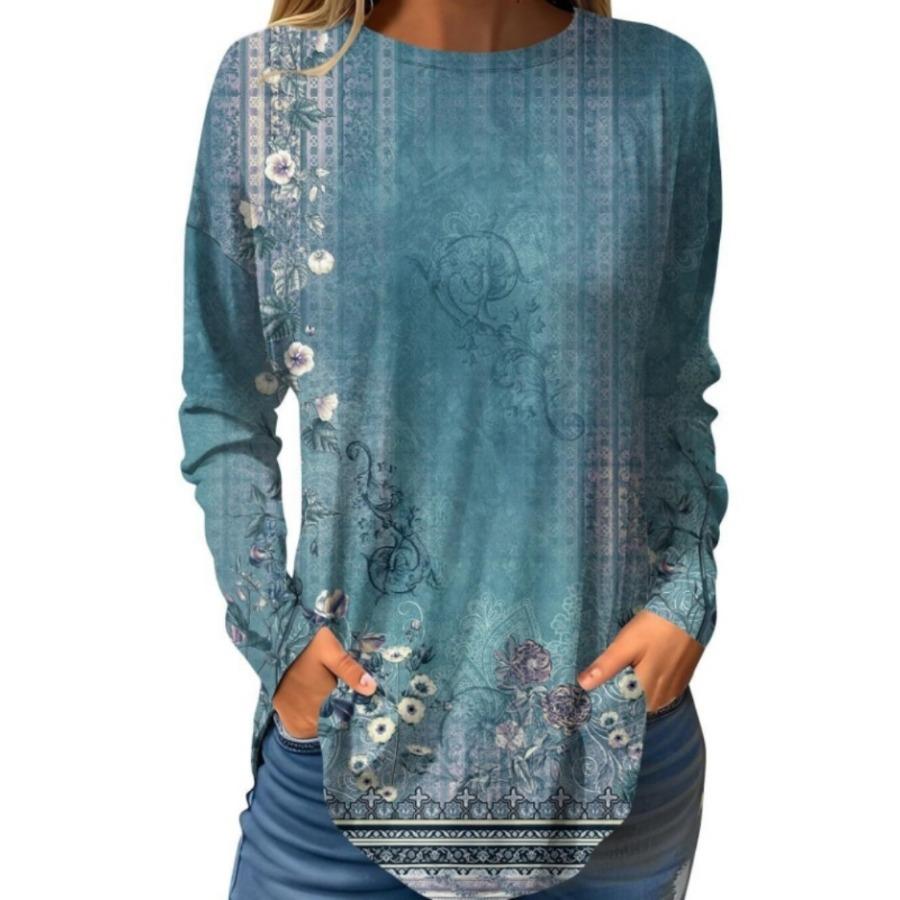 Långärmade 3D-printade T-shirts Blomma Rundhalsad Topp för Damkläder