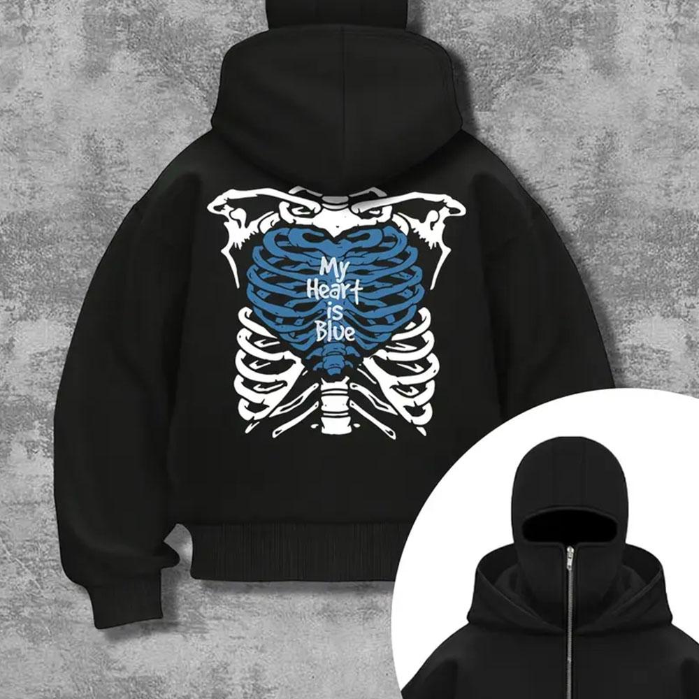 Men's Black Hooded Zipper Jacket with Skull Pattern Print - Sports and Casual Loose Autumn and Winter Jacket, Outdoor Lightweight Jacket Street Style