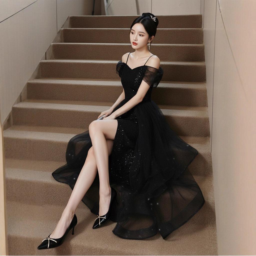 Black Evening Dress Shoulder Premium Birthday Banquet Host Adult Dress Mesh Splicing Mesh Dress