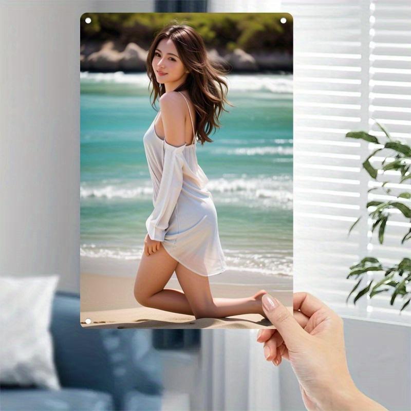 

Metal Vintage Wall Art Sign Beach Woman in White Dress2D Flat Metal PlateElegant Wall Decor 20x30cm