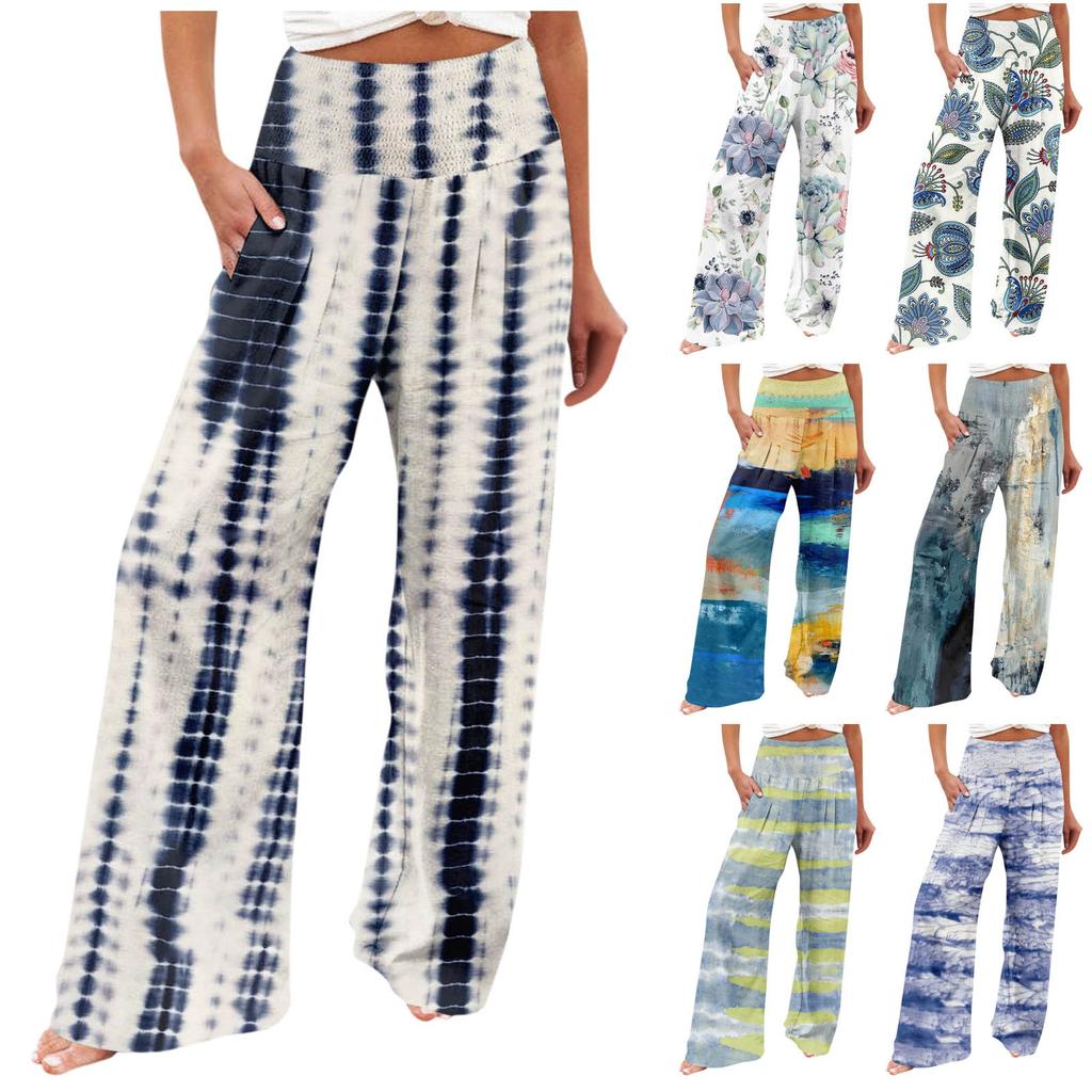 High Waisted Pants For Women Printed Stretchy Wide Leg Palazzo Pants Casual Comfy Beach Pants Trousers