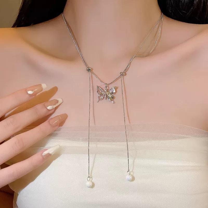 Pull-up Drawstring Butterfly Necklace Light Luxury Niche Pearl Tassel Silver Collarbone Chain Female