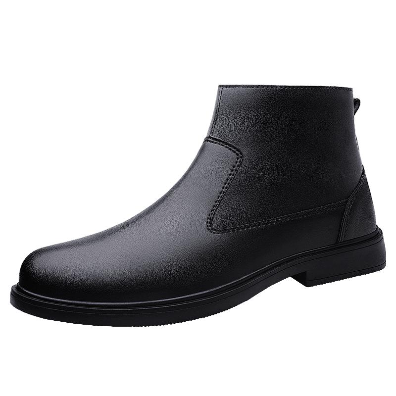 Fashion 2024 Men's Fashionable Leather Boots Autumn and Winter High-top Sleeve Cowhide Side Zipper Large Pile Warm Cotton Boots