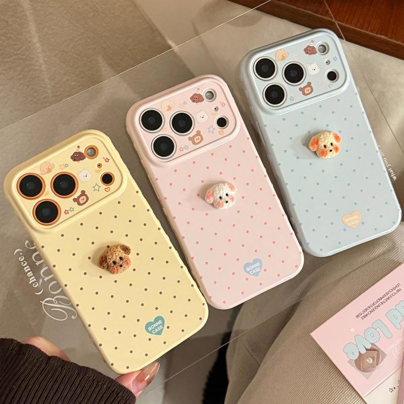 Polka Dots 3D Cartoon Puppy Phone Case For iPhone 17 16 15 14 13 12 Pro Max Candy Colors Shockproof Protective Soft Cover