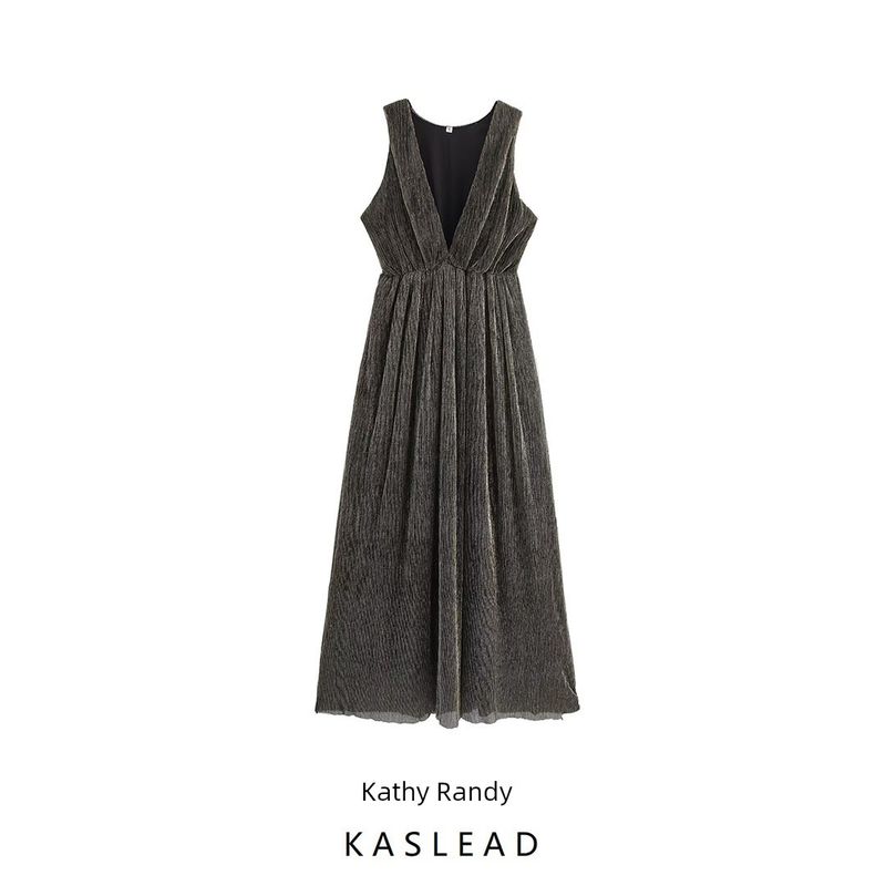 Kaslead New Arrival Women's Clothing Fashion Style Fashion Minimalist Elegant Deep V Cinched Sleeveless Long Dress