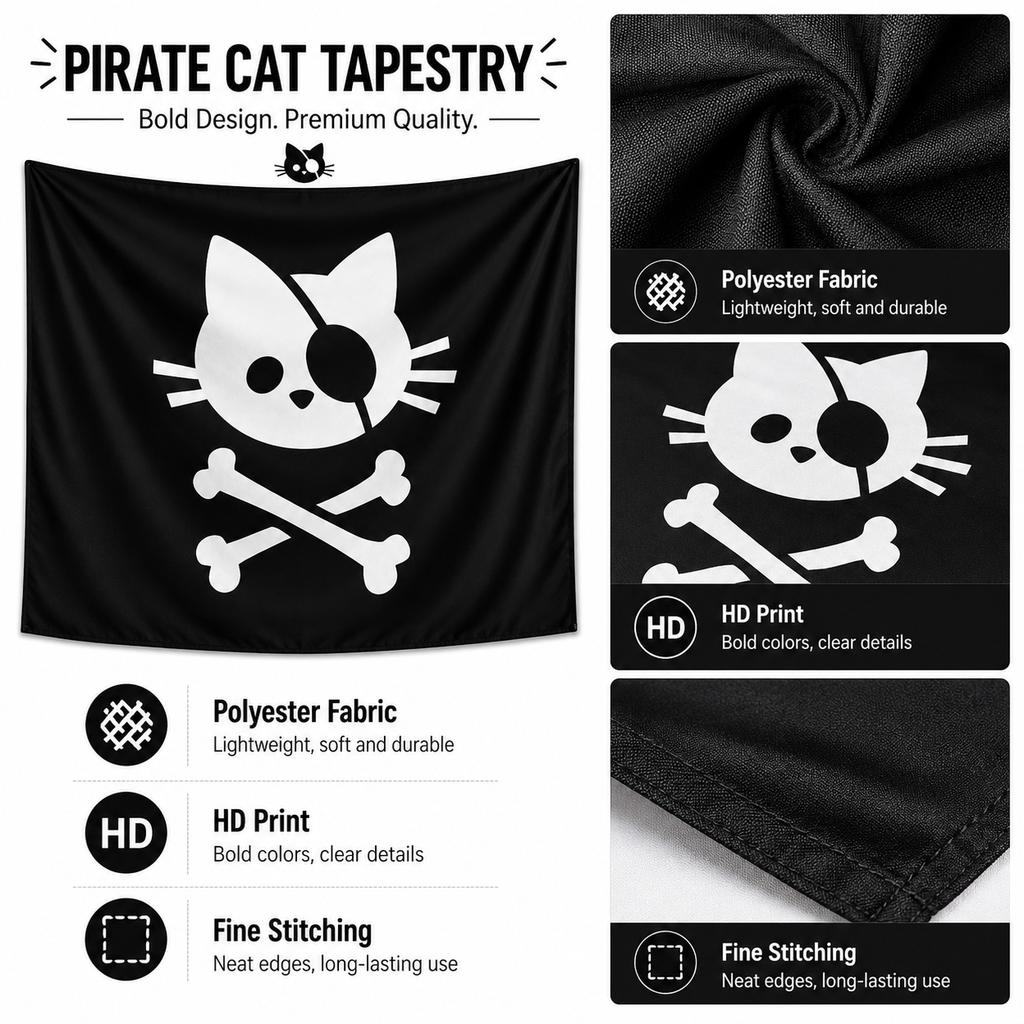 Arazzo Gatto Pirata Stampa Piatta Bianco Nero Teschio Ossa Incrociate Appeso a Parete per Stanza Ragazzo Adolescente Decorazione Dormitorio Estetico