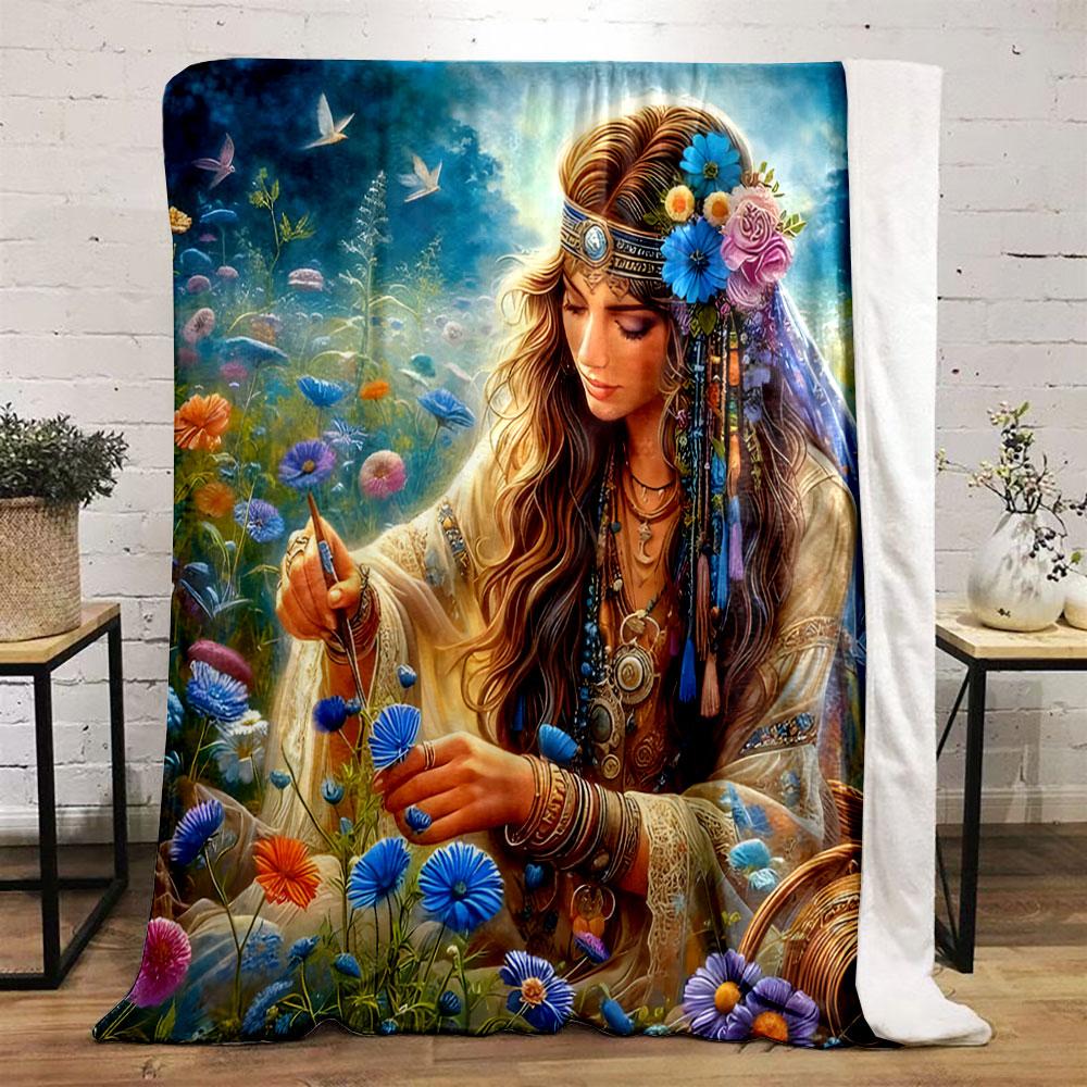 Bohemian Woman in Floral Meadow print blanket soft and cozy perfect for the living room bed sofa or a nap,gift