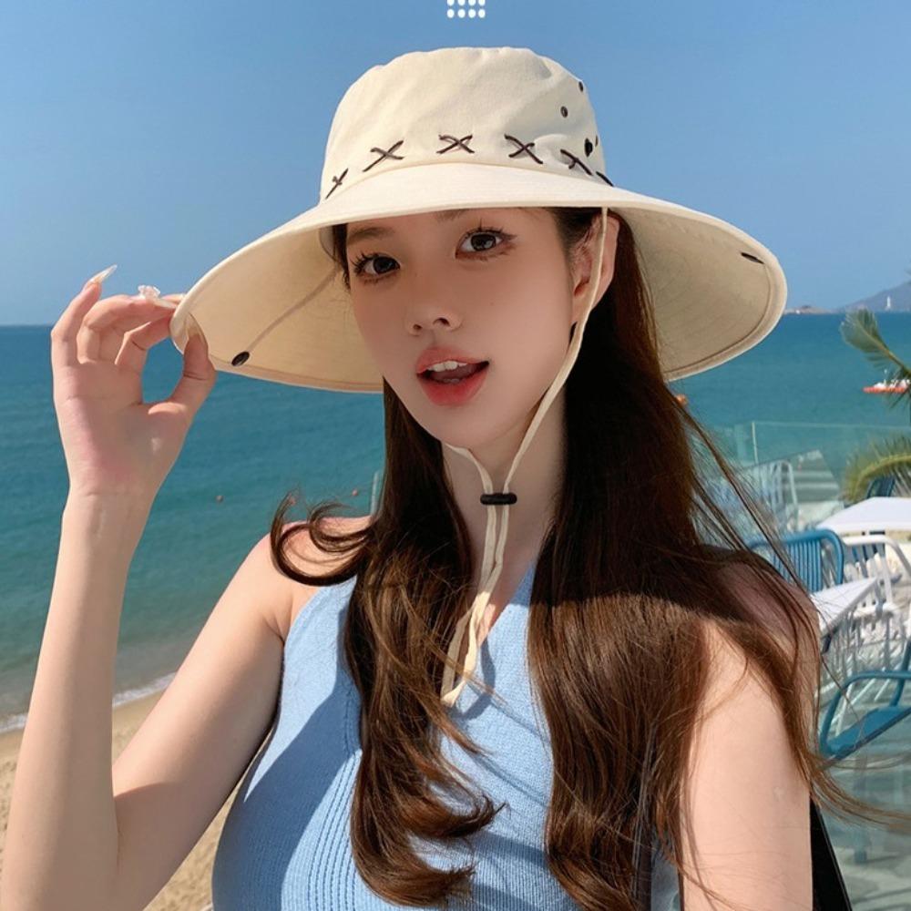 Adjustable Wide Brim Sun Hat Solid Color Fisherman Sunshade Cap Vintage Western Cowboy Hat  Woman