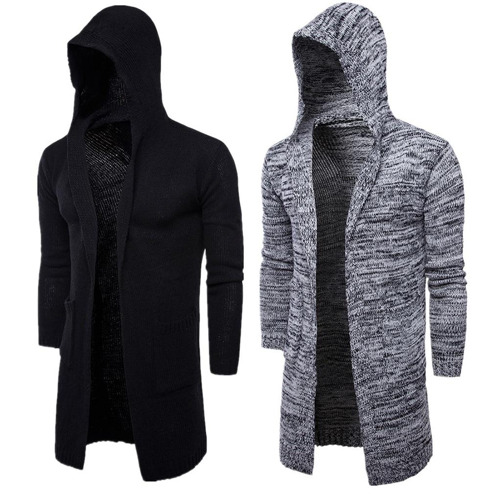New Casual Men's Winter Warmer Solid Color Long Sleeve Pockets Thick Knitted Cardigan Hooded Coat