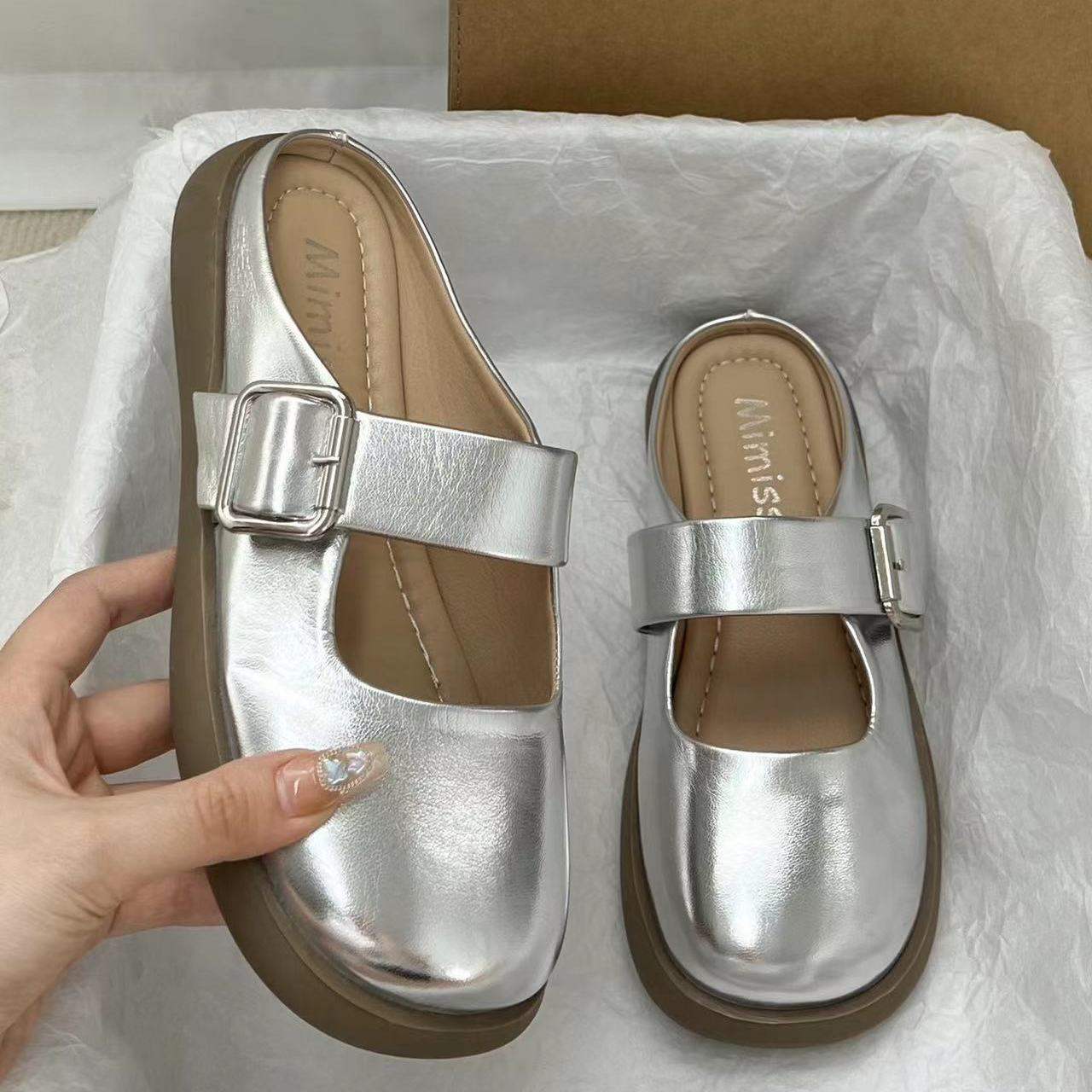 

Internet celebrity belt buckle bag head half slippers women 2025 new spring platform pregnant women lazy muller shoes half drag 40 серебряный