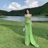 Xinjiang Western Sichuan Grassland Design Sense Green Swinging Collar Micro-transparent Chiffon Suspender Dress Backless Vacation Beautiful Long Dress