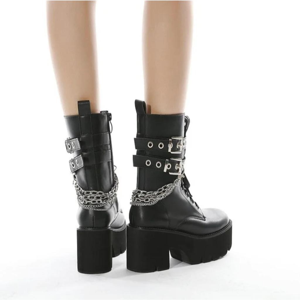 Hochwertige Leder Gothic Schwarze Stiefel Damen Absatz Sexy Kette Blockabsatz Plateaustiefel Damen Punk Style Stiefeletten Reißverschluss
