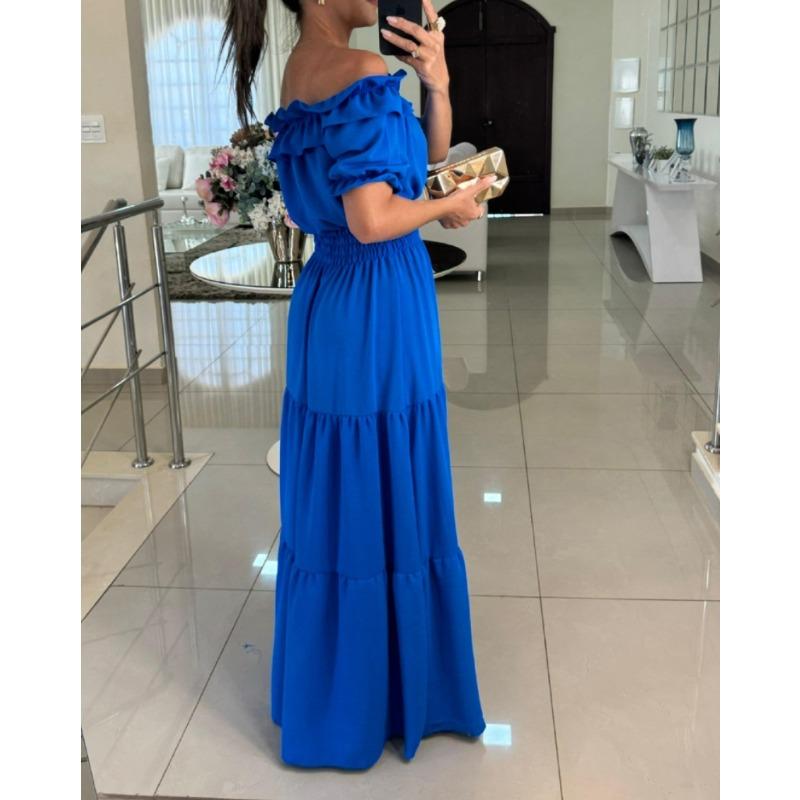 Women's Fashion Summer Spring Solid Color Print Short Sleeve One Shoulder High Waist Casual Dresses