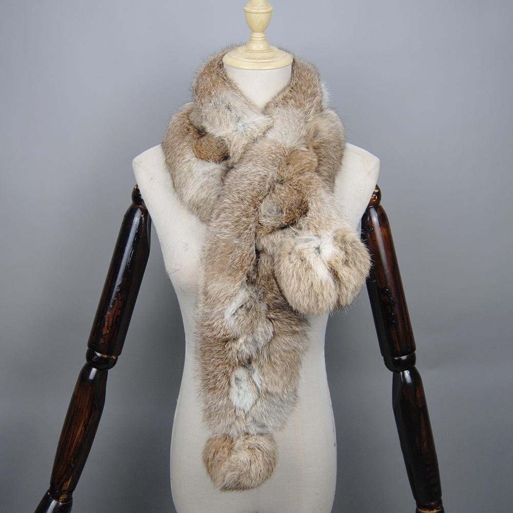 2026 New Arrival Winter Real Rabbit Fur Scarf Women Long Warm Genuine Rabbit Fur Scarves Female Knit Fluffy Pompoms Fur Scarves