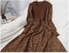 Trendy Autumn/Winter Korean Style Slimming Patchwork Tie-Up Knit Long Dress with Corduroy Floral Print