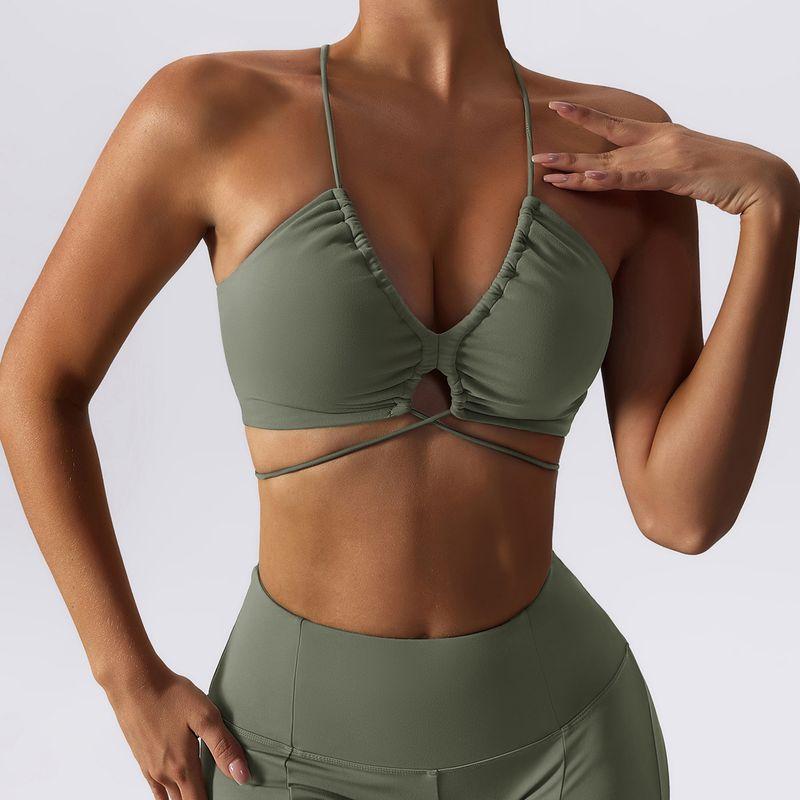 

Yoga Jacket Women s Water Drop Collar Semi-Fixed Cup Chest Pad Sexy Sling Cross Beauty Back Fitness Vest Sports Bra Olive Green New Edition S