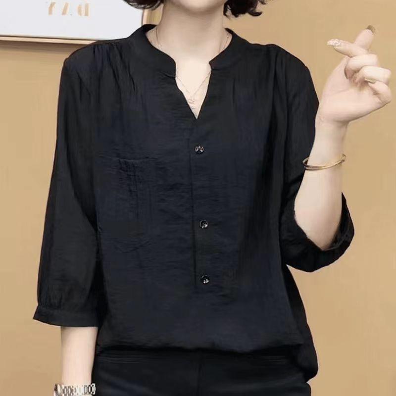 Elegante Top de Color Liso de Manga Media Holgado Adelgazante de Verano para Mujer