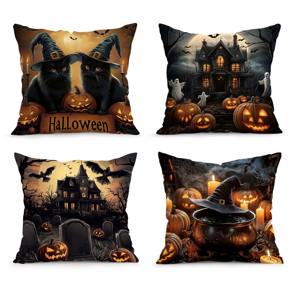 Halloween Black Cat Witch Hat Cushions Pillowcase Polyester Cushion Cover Throw Pillow Sofa Decoration Pillowcover Home Decor