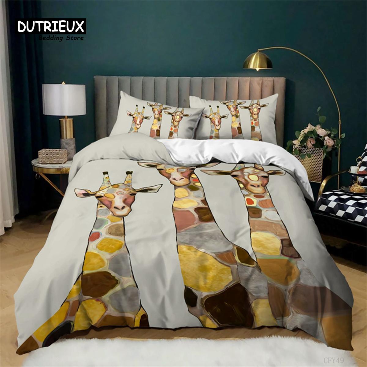 

Cartoon Elk Duvet Cover Giraffe Deer Bedding Set Full For Kids Teens Room Decor Wild Animal Floral Quilt Cover With Pillowcases EU Single(135*200cm)3pcs