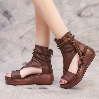 Damen Sandalen Sommer Keilabsatz Mittelhoch Sandalen Plateau Peeptoe Sandalen 2024 Weiche Sohle PU Retro Coole Stiefel Sandalen Für Damen