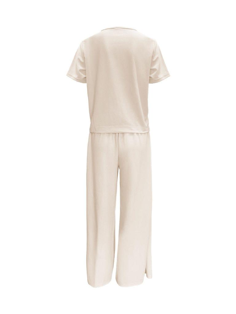 European Summer Pink Linen Women's Two-Piece Set: Short Sleeve Top & Wide-Leg Pants