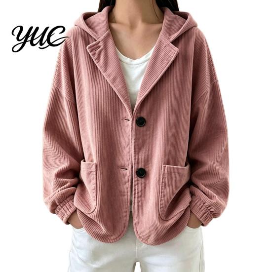 Everyday Layering Piece Autumn Winter Casual Coat, Hoolded Long Sleeve Jacket, Comfortable Commuter Apparel Loose Fit Vertical Corduroy Outerwear with