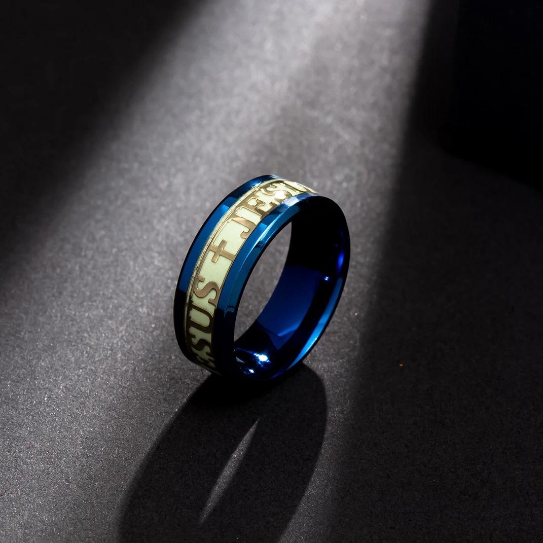 Modischer Edelstahl Leuchtender Christen Jesus Kreuz Ring Für Männer Frauen Leuchtet im Dunkeln Titan Fluoreszierender Ehering Schmuck 7 gray