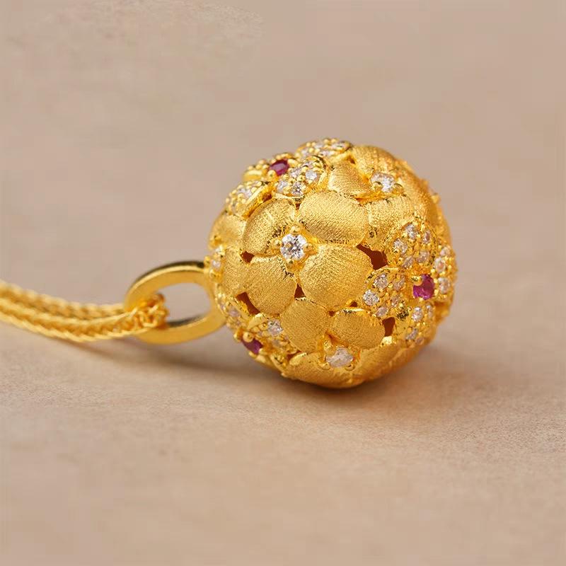 Xiaohongshu Inspired Floral Pendant Necklace: Sand Gold, Diamond Studded, Embroidered Flower Design.
