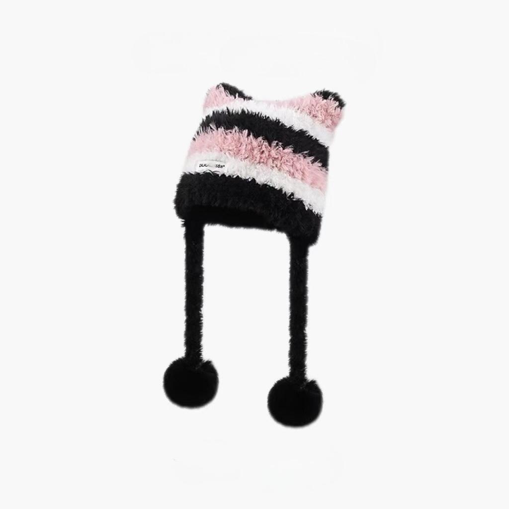 Striped Knitted Hat Fluffy Earflap Wool Hat Winter Korean-Style Warm Versatile Can Be Used As A Bag