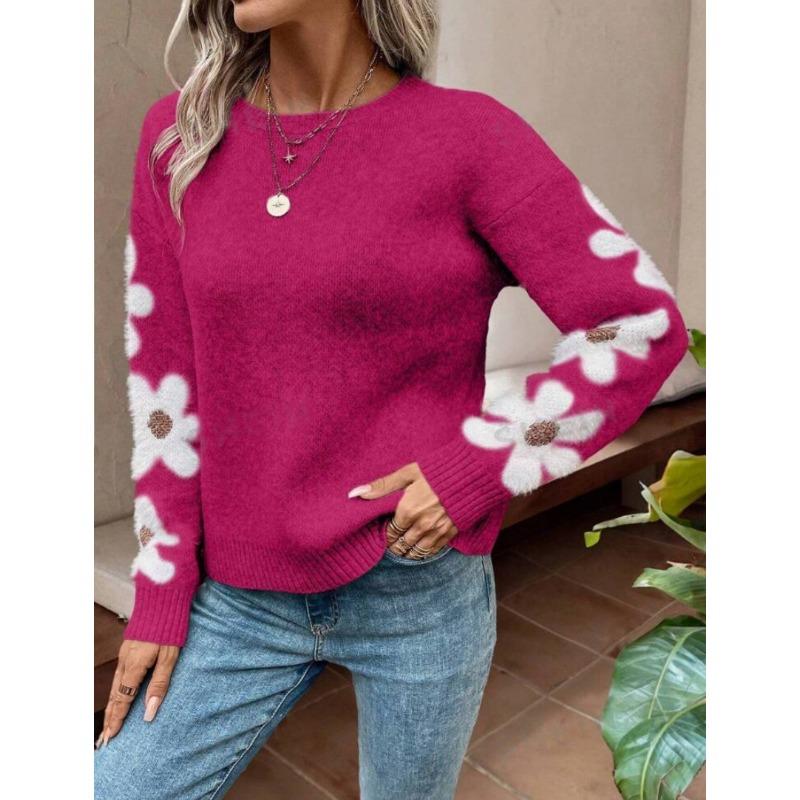 Women's Fashion Casual Fall Winter Flower Pattern Print Long Sleeve O-Neck Sweaters