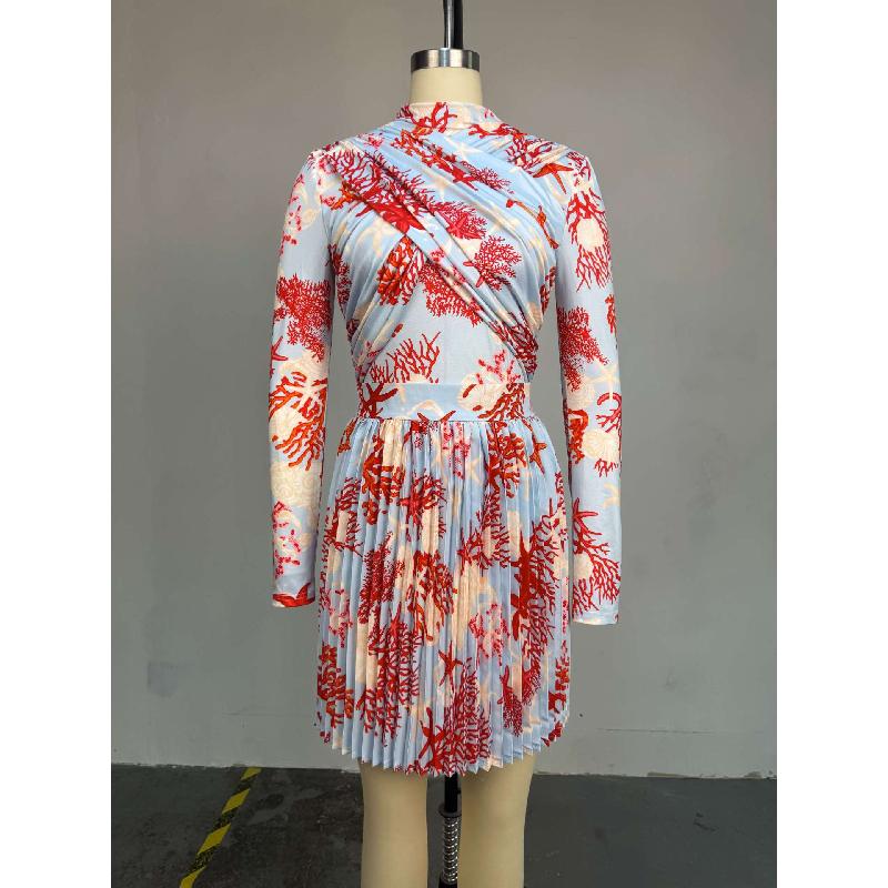 Women's 2026 Summer New Dress Design Slim-Fit Printed Long-Sleeve Top Pleated Skirt Set
