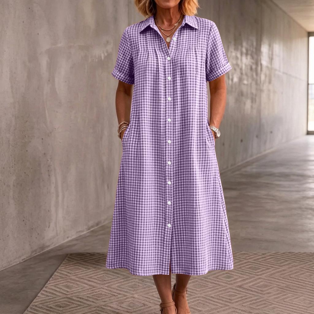 Women Plaid Short Sleeve Shirt Dress Button Down Collared Midi Dress with Pockets Casual Loose Fit Summer Dress