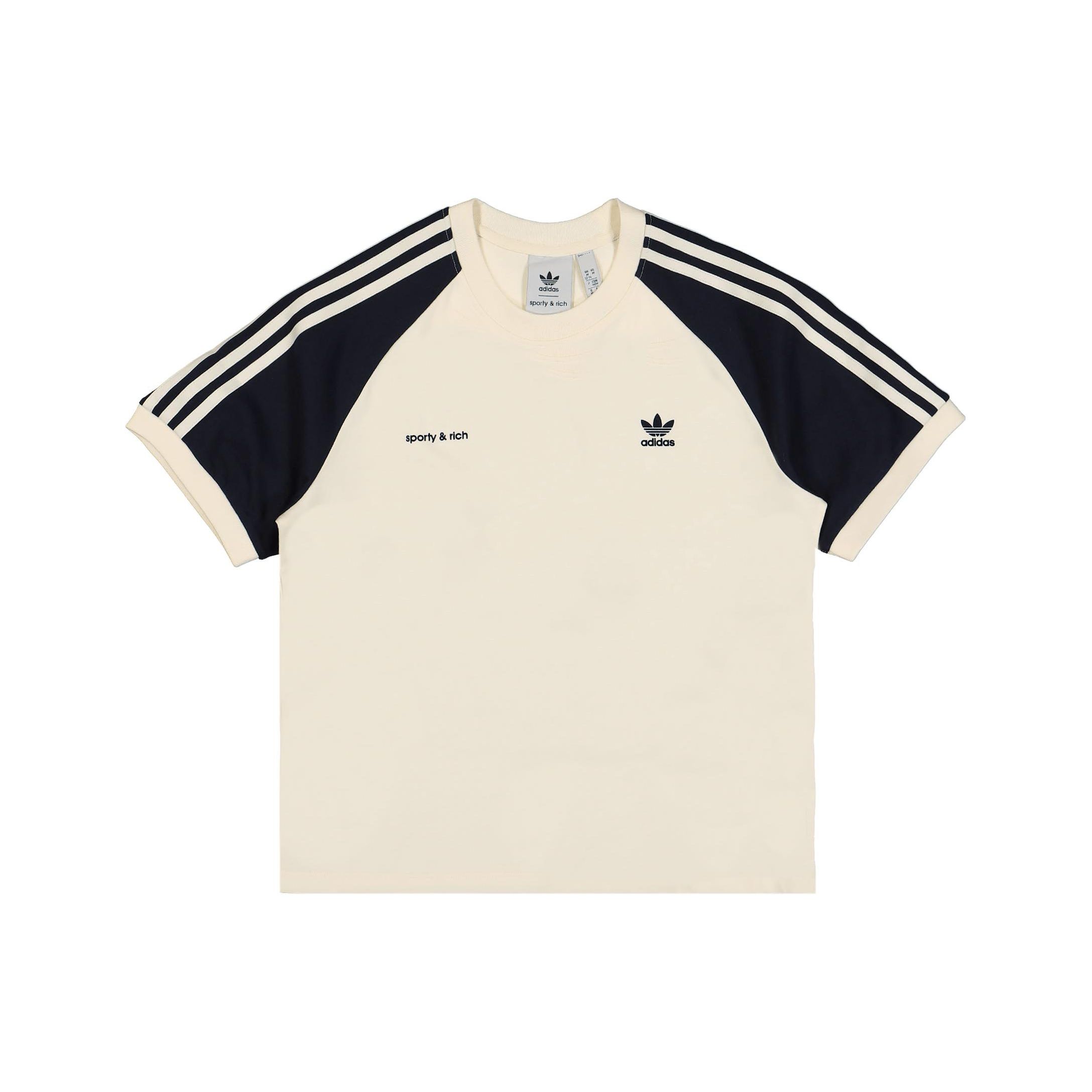 

adidas Originals Sporty & Rich Women s Cream Navy 3-Stripes Short Sleeve T-Shirt IN5251 2XS