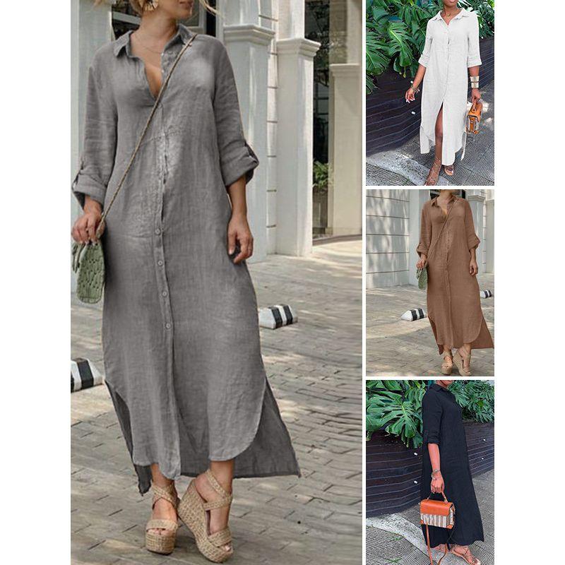 Cotton and Linen Button up Long Skirt Dress Cotton and Linen Button Dress