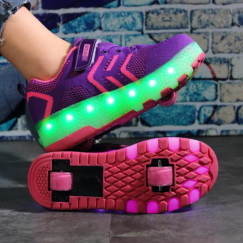 Runaway shoes USB charging, double-wheeled children's men's and women's pulley shoes luminous colorful luminous shoes full circle lights