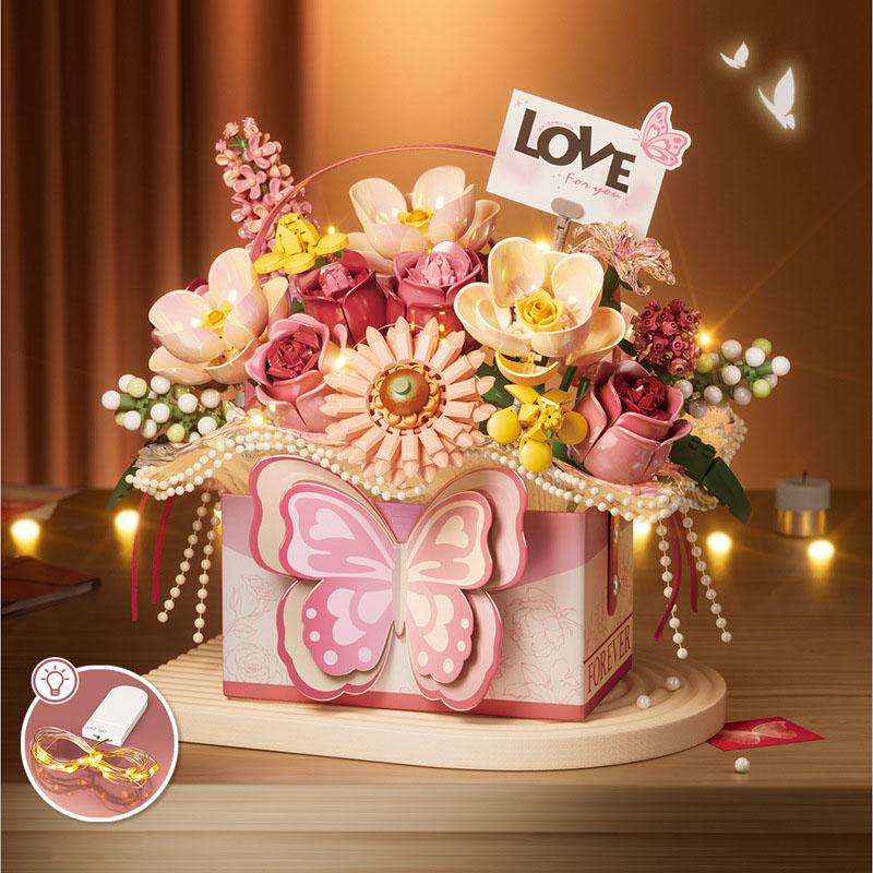 

Idea Small Block Romantic Flower Box Construction Rose Butterfly Construction Blocks Educational Plaything With Light For Girls Gifts
