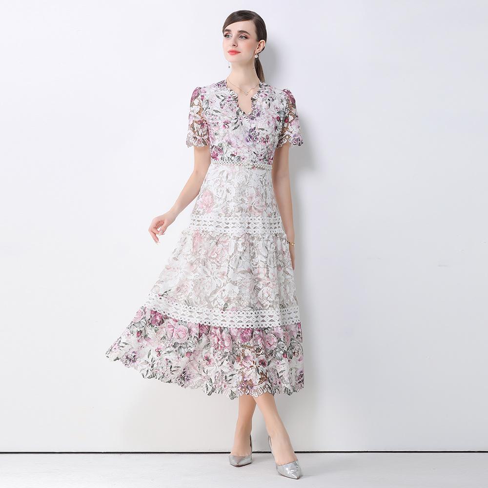Summer Floral Print Long Dress V Neck Lantern Sleeves Embroidery Design Hollow Out Chic A Line Beachwear Female Dress