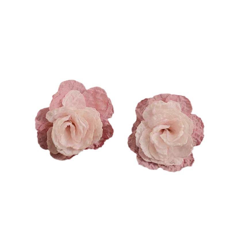 Sweet Retro Pink Chiffon Flower Stud Earrings For Women Elegant Vacation Jewelry