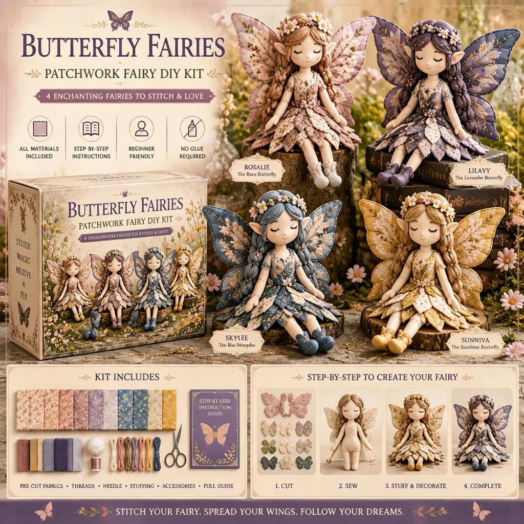 4Pcs Fairy Patchwork DIY Collection Handmade Make Winged Fairies Cloth Figurine Craft Decor & Handmade Present for Beginner