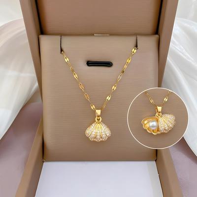 Halskette mit Seestern-Muschel-Anhänger aus Zirkonia und offener Muschel für Damen, Edelstahl, Kunstperlen, Schmuck