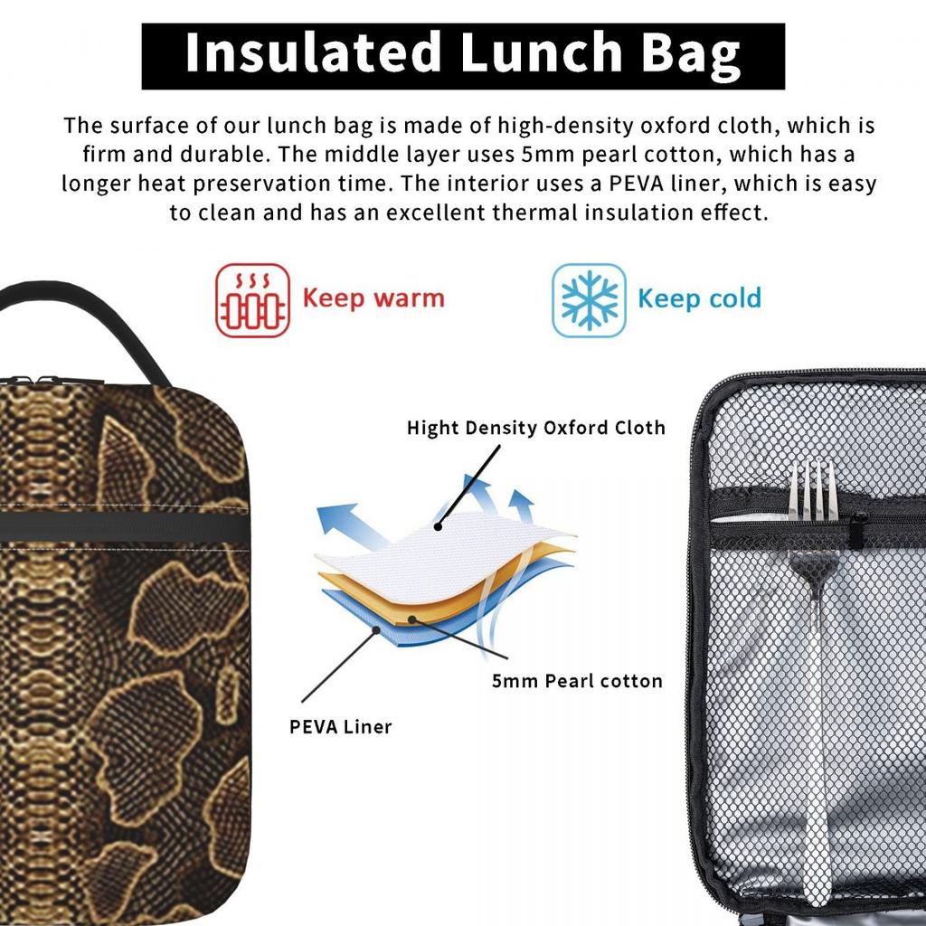 Snake Pattern Insulated Lunch Bag for Women Kids Portable Food Boxes Thermal Lunch Box Tote