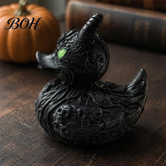 Sculpture Résine Durable Diable Squelette Canard Ornement Gothique, Figurine Noir Mat, Cadeaux Stylés pour Amateurs Gothiques Yeux Verts Horreur Ornement Décoratif